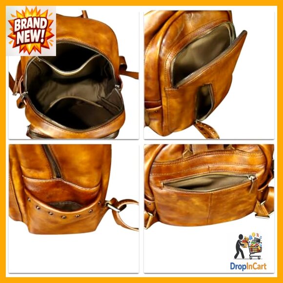 Genuine Leather Backpack Vintage Western Daypack College Bag Rivet Details